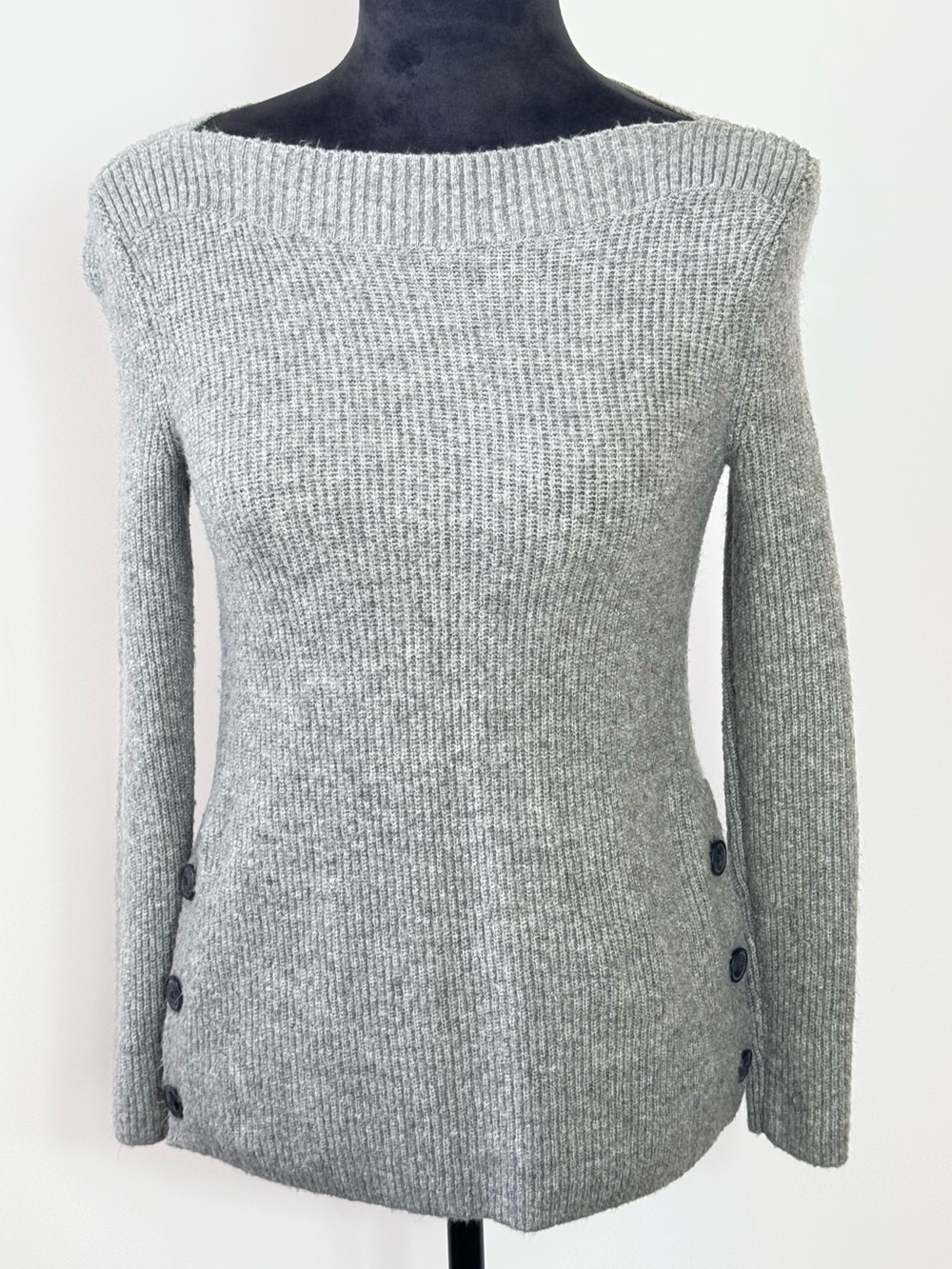 TALBOTS Gray Ribbed Button-Detail Sweater. - Picture 2 of 11